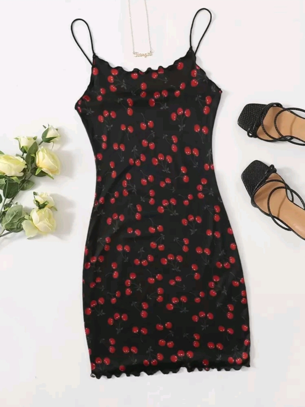 SHEIN Black Slip Mini Dress with Red Cherry Print